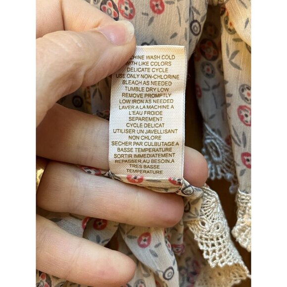 Vintage Free People M Calico Print Sheer Blouse Lace Trim Beige - Picture 5 of 7